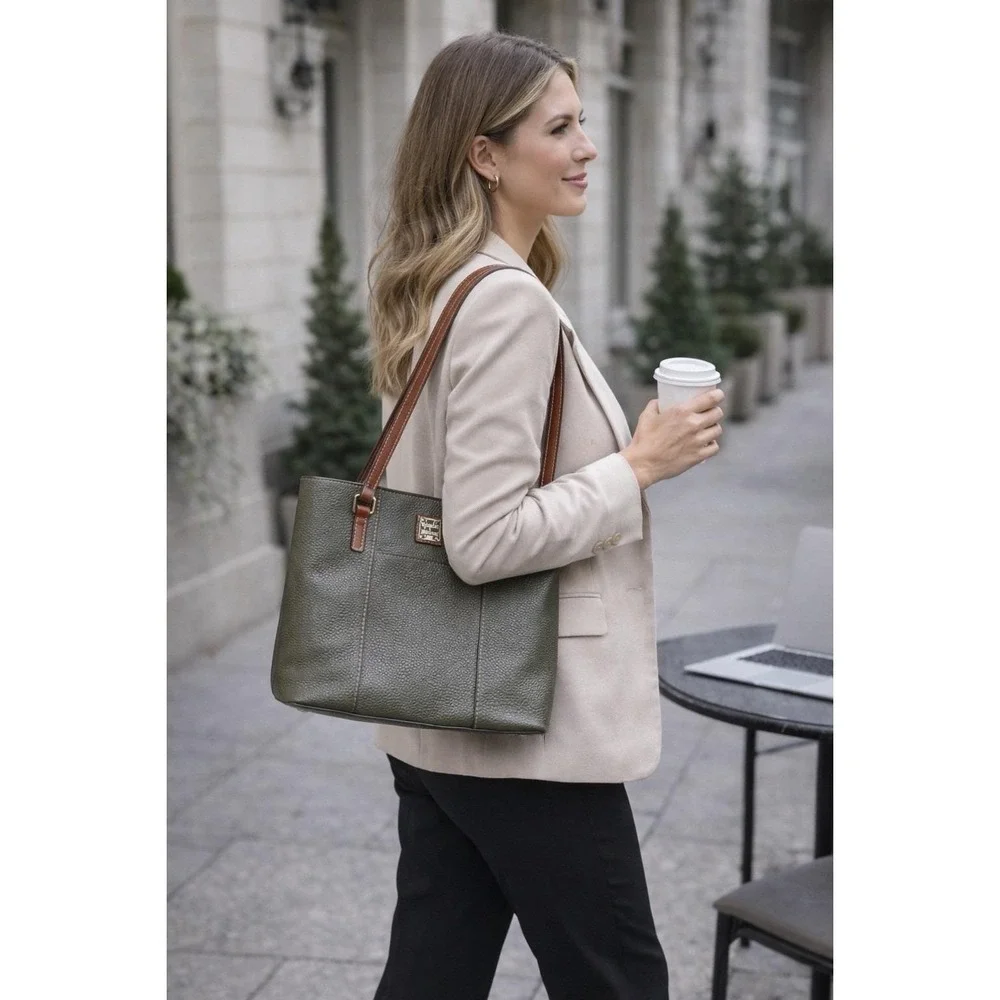 Dooney & Bourke Olive/moss Green Pebbled Leather Tote Shoulder‎ Bag Brown Straps